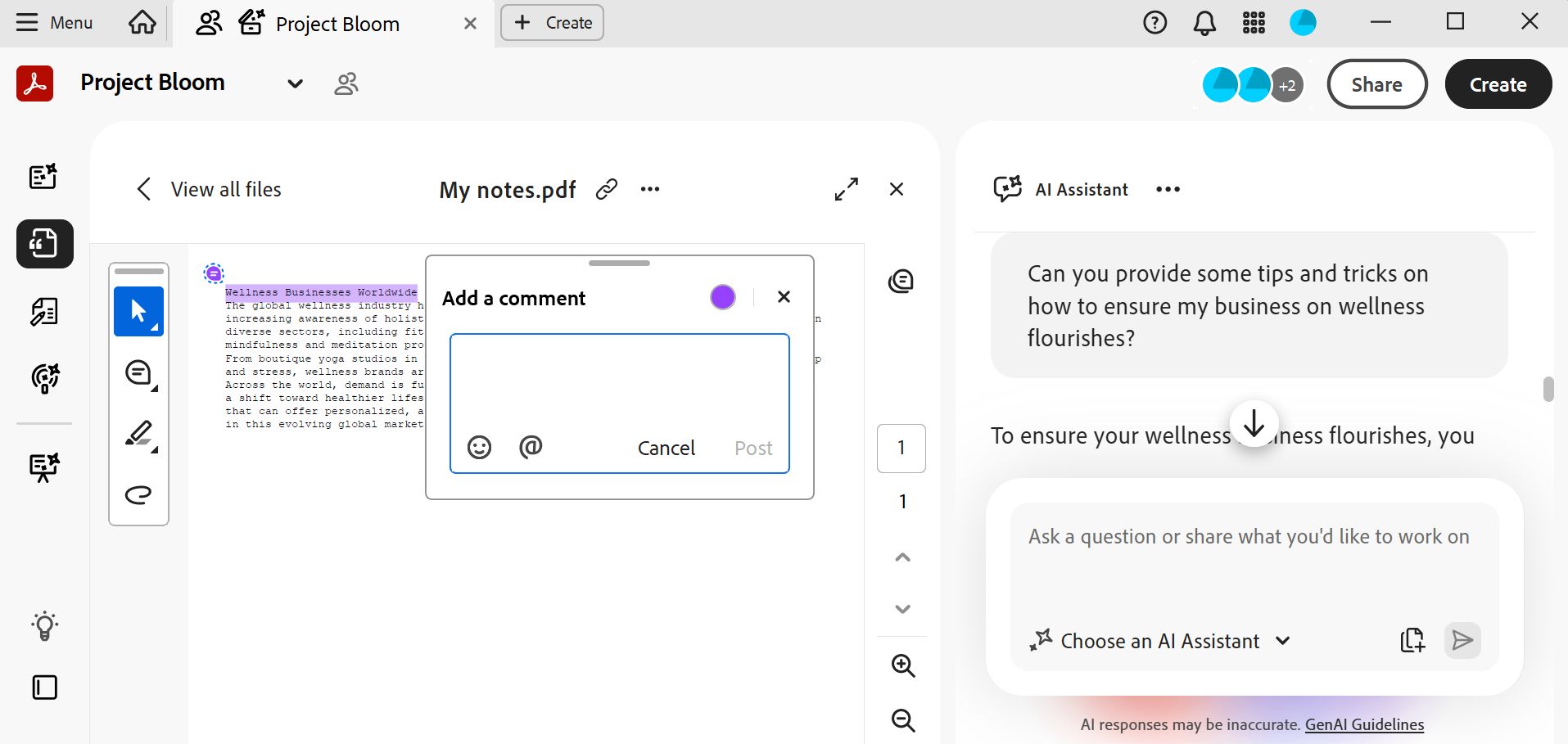 PDF Space na may nakabukas na dokumento na nagpapakita ng nadagdag na komento, kasama ang AI Assistant panel na ginagamit para magtanong at mag-generate ng gabay.