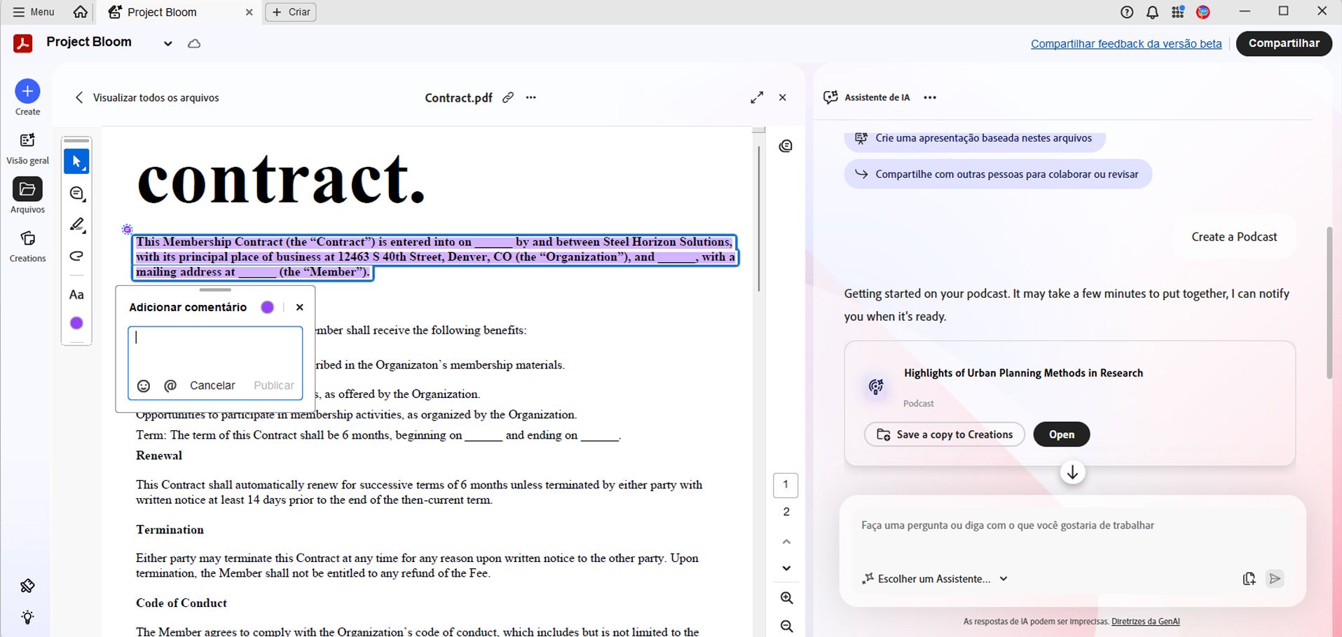 PDF Space com um documento aberto mostrando um comentário adicionado, junto com um painel do Assistente de IA usado para fazer perguntas e gerar orientações.