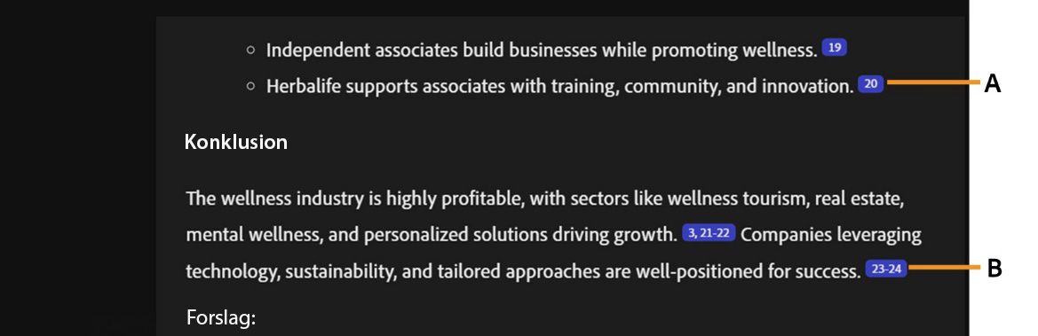 AI-genererede svar i PDF Spaces viser afsnit med enkelte og flere klikbare kildehenvisninger.