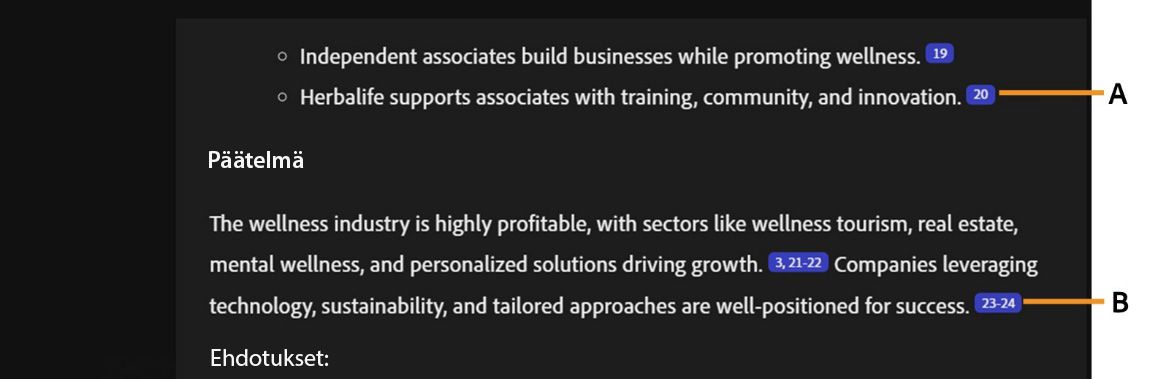 PDF Spaces -tilojen tekoälyn generoimat vastaukset näyttävät osiot, joissa on yksittäisiä ja useita klikattavia lähdeviitteitä.