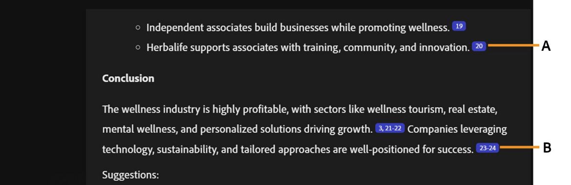 AI-genererade svar i PDF Spaces visar avsnitt med enskilda och flera klickbara källhänvisningar.