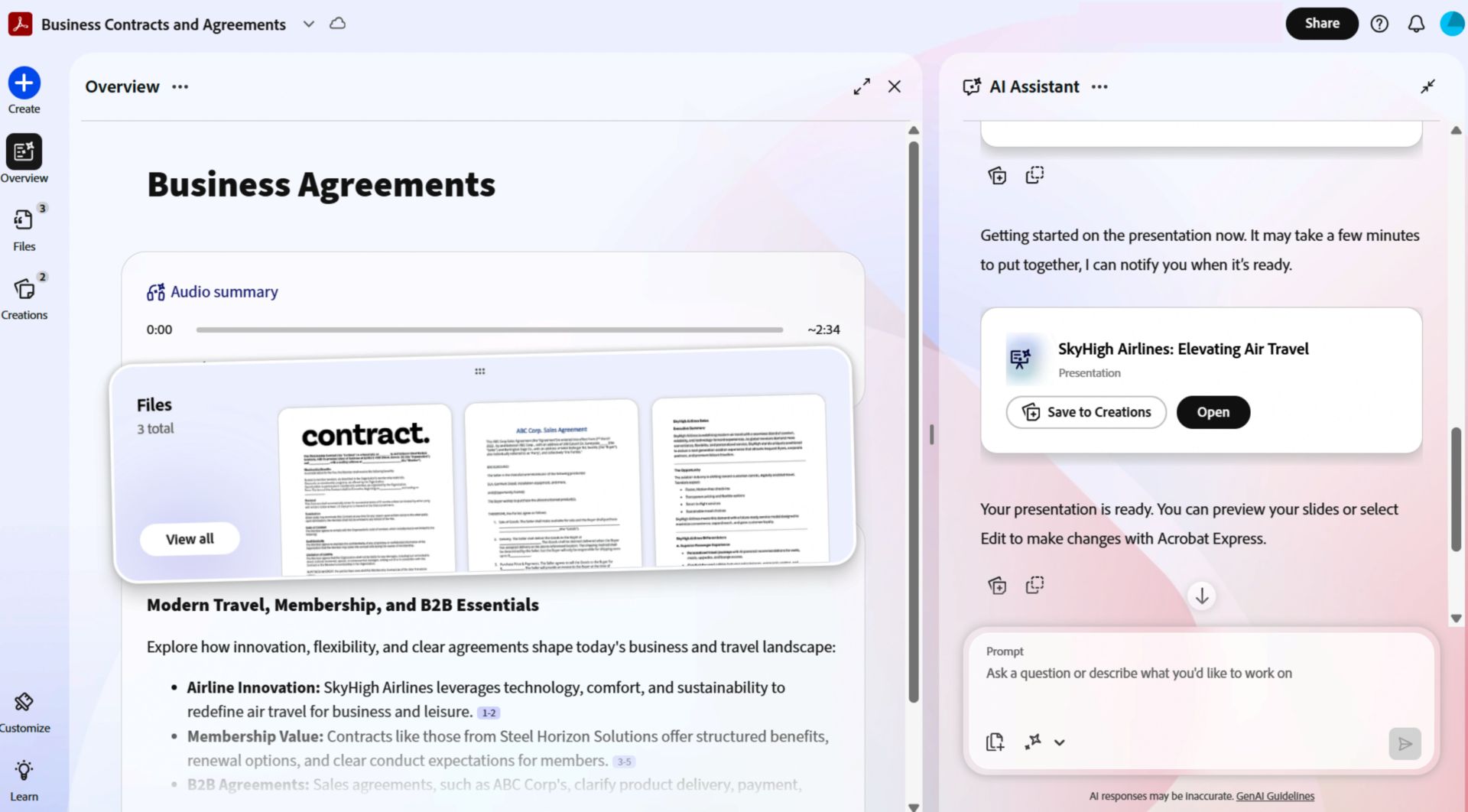 PDF Spaces Overview na nagpapakita ng bukas na dokumento na may audio summary player at AI Assistant panel na nagmungkahi ng mga ideya base sa content ng dokumento.