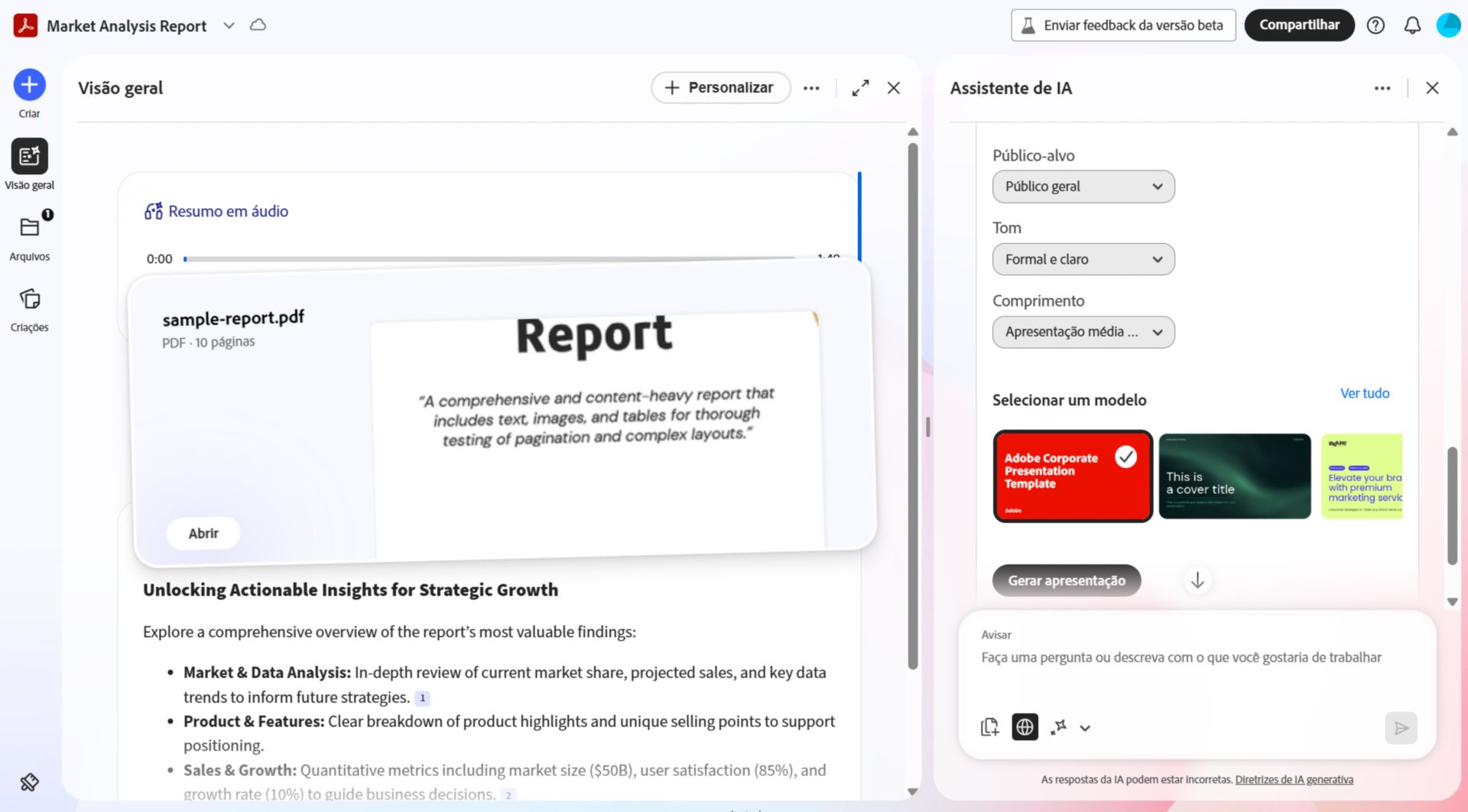 Visão geral do PDF Spaces mostrando um documento aberto com um player de resumo de áudio e um painel Assistente de IA que sugere ideias baseadas no conteúdo do documento.