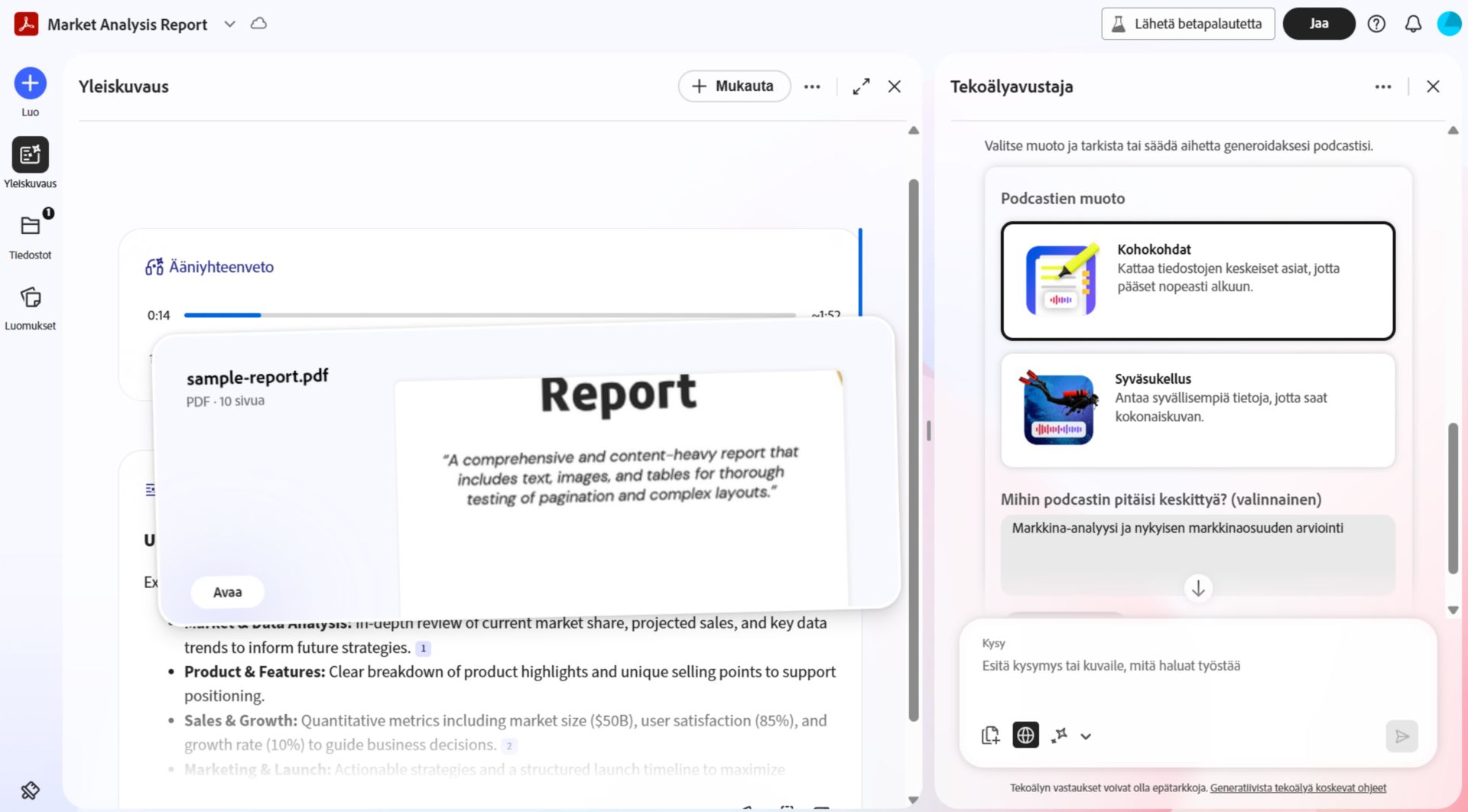 PDF Spaces -yleiskatsaus, jossa näkyy avoin asiakirja äänitiivistelmän soittimella ja tekoälyavustajapaneelilla, joka ehdottaa ideoita asiakirjan sisällön perusteella.