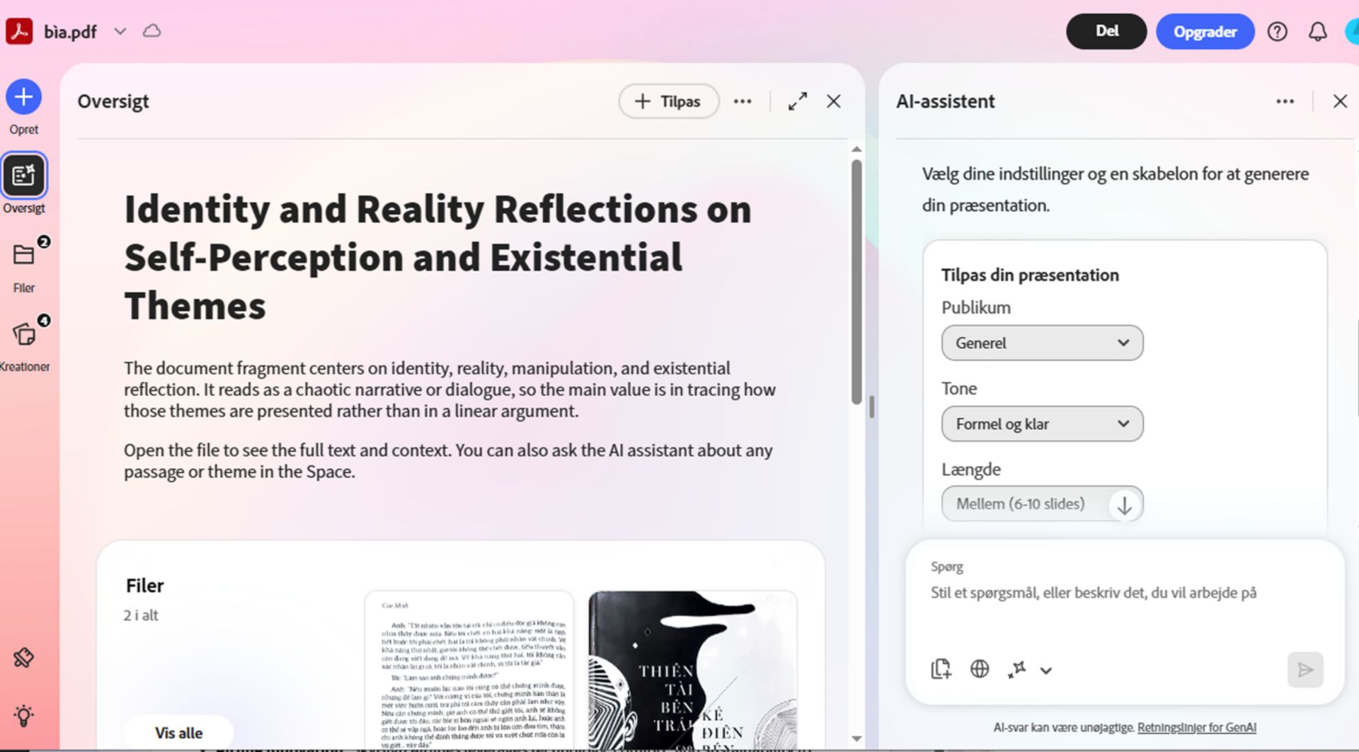 PDF Spaces-oversigt, der viser et åbent dokument med en lydresuméafspiller og et AI-assistent-panel, der foreslår idéer baseret på dokumentets indhold.