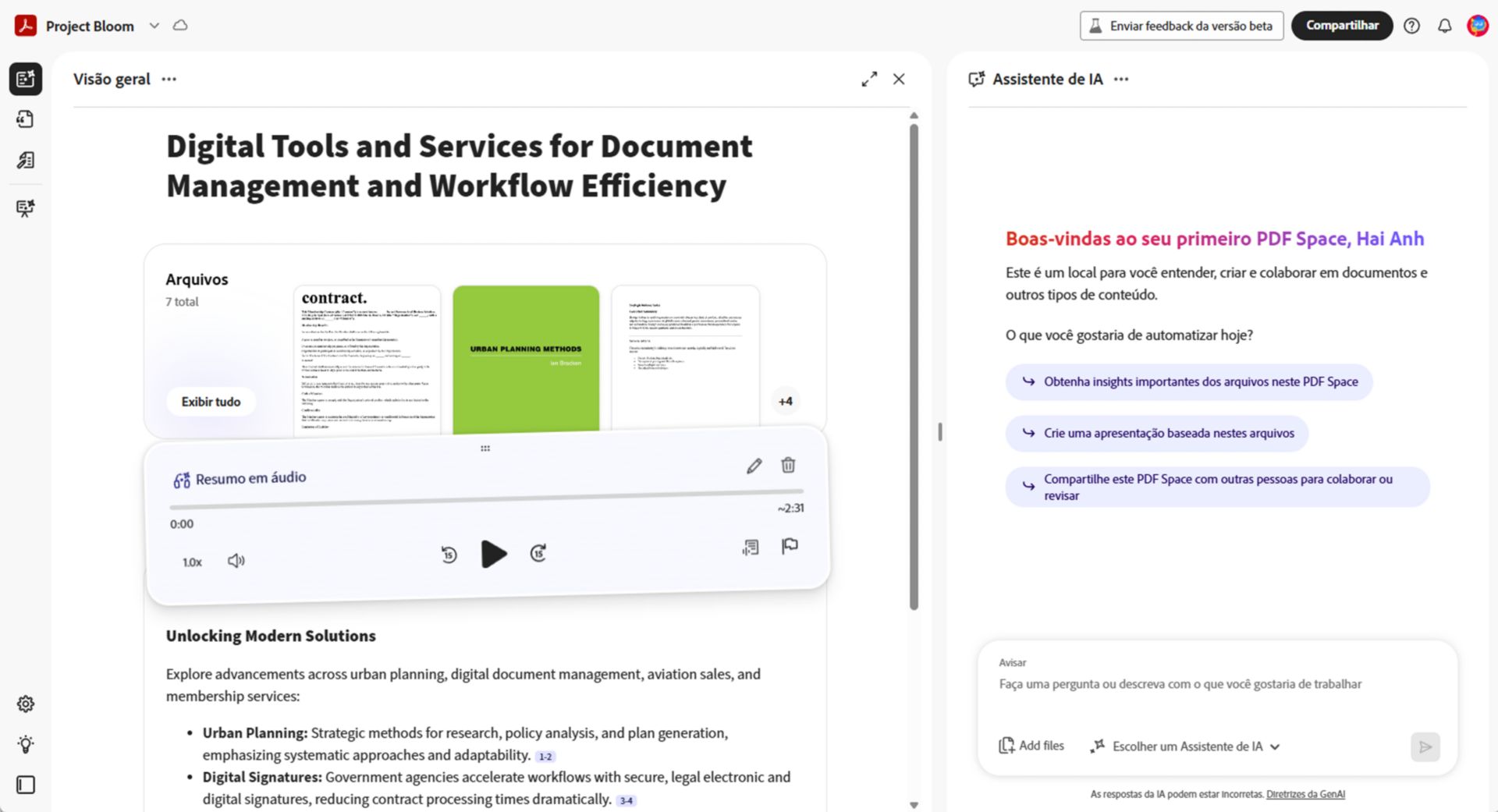 Visão geral do PDF Spaces mostrando um documento aberto com um player de resumo de áudio e um painel Assistente de IA que sugere ideias baseadas no conteúdo do documento.