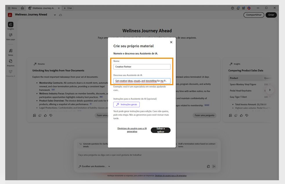 Caixa de diálogo do PDF Spaces para criar um assistente personalizado com campos para atribuir nome, definir meta e instruções.