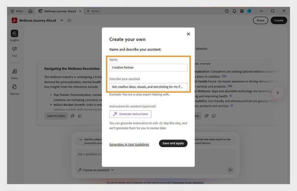 PDF Spaces-dialogboks til oprettelse af en brugerdefineret assistent med felter til at tildele navn, definere mål og instruktioner.