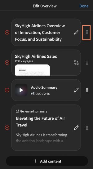 PDF Spaces on mobile Edit Overview page shows items that can be reordered or edited for a customized experience.