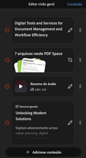 A página Editar visão geral do PDF Spaces para dispositivos móveis mostra itens que podem ser reordenados ou editados para uma experiência personalizada.