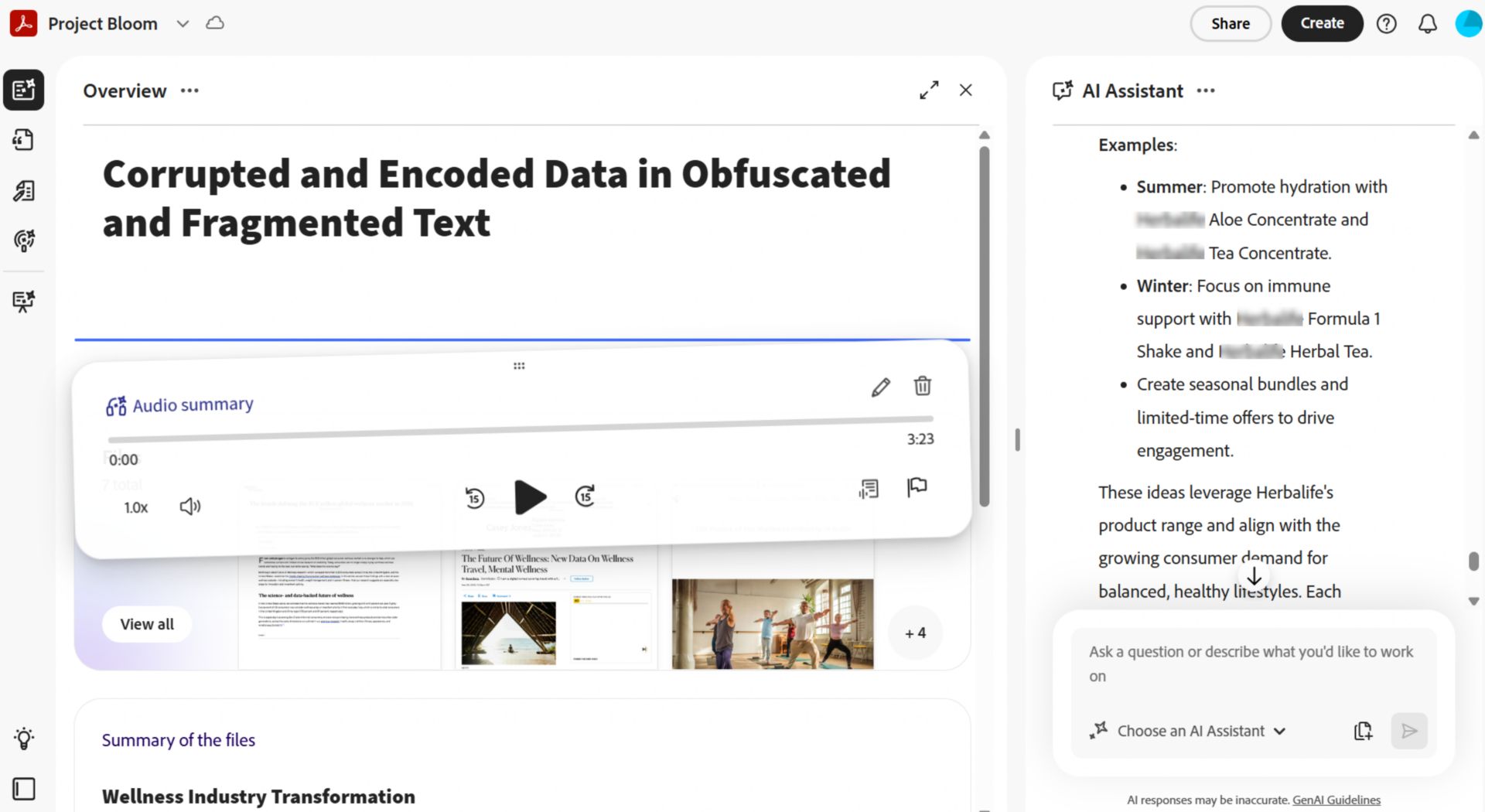 PDF Spaces-översikt som visar ett öppet dokument med en ljudsammanfattningsspelare och en AI Assistant-panel som föreslår idéer baserat på dokumentinnehållet.