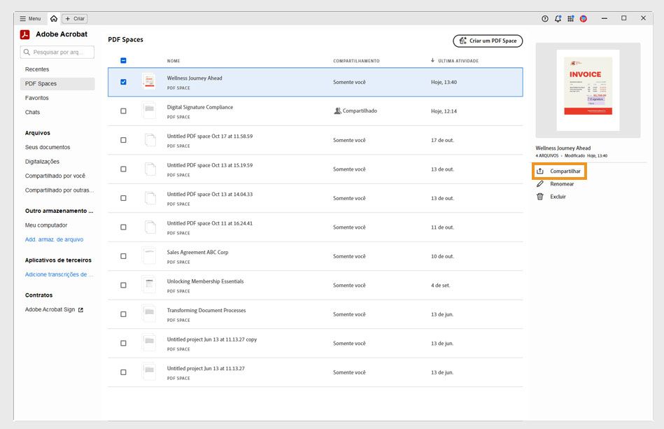Seção PDF Spaces exibindo os blocos de PDF Spaces preparados e uma lista de PDF Spaces criados pelo usuário, onde um é selecionado com o botão Compartilhar destacado.