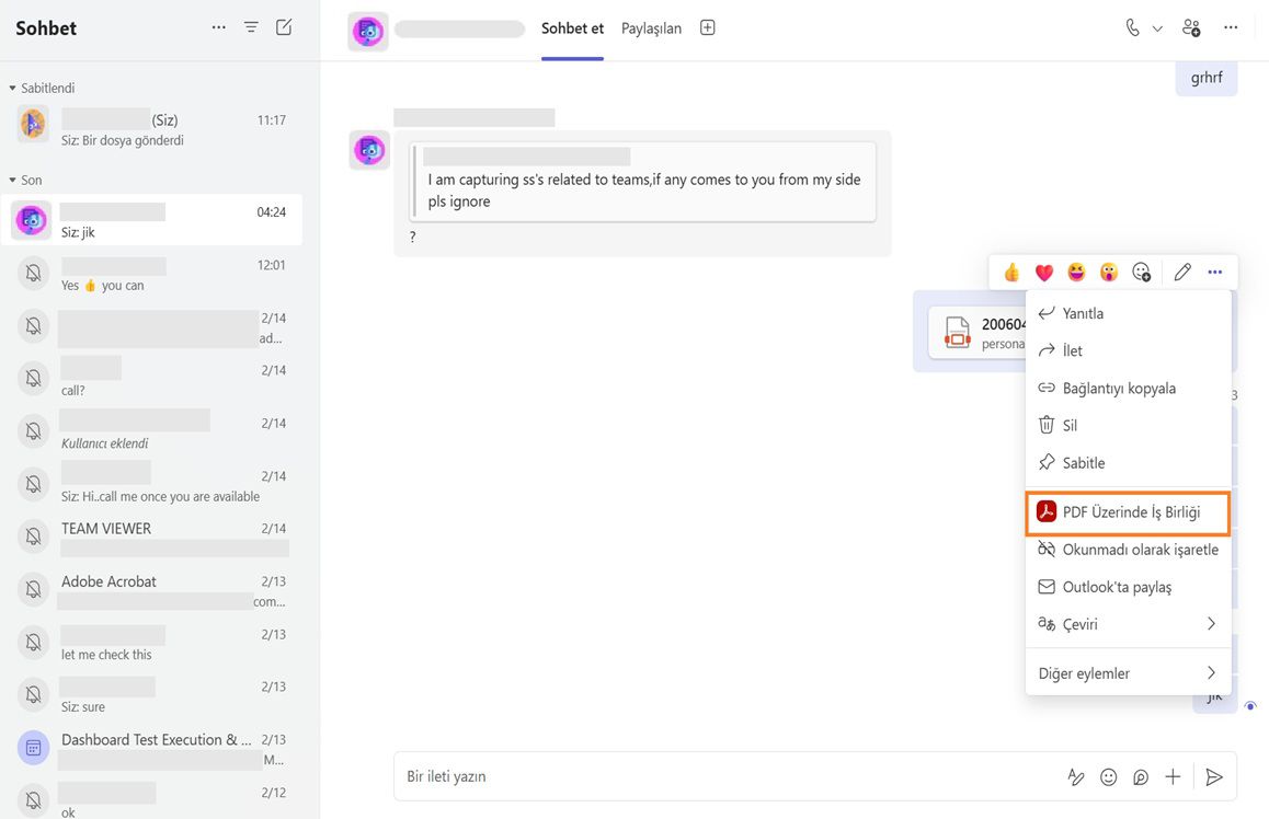 Microsoft Teams Sohbet kanalındaki PDF dosya kartında, 'PDF üzerinde iş birliği' aracı vurgulanmış olarak bağlam menüsü gösterilir.
