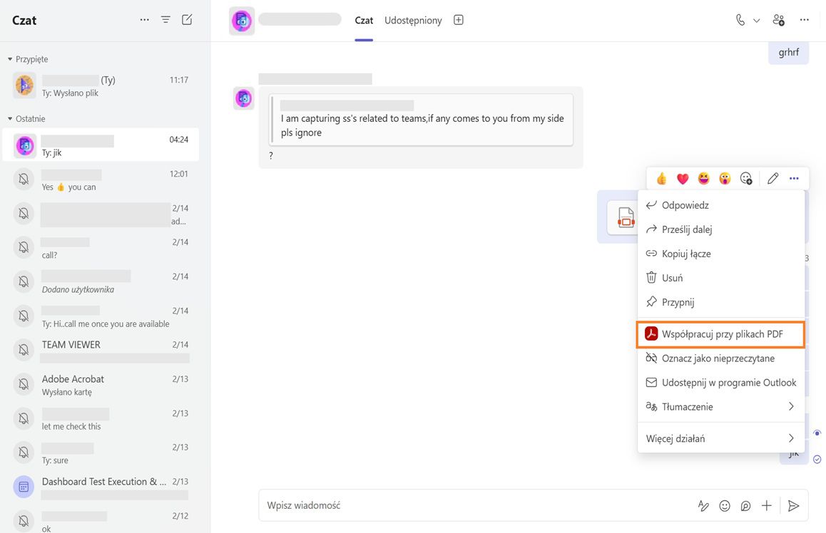 Karta pliku PDF w kanale Czat Microsoft Teams wyświetla menu kontekstowe z podświetlonym narzędziem „Współpracuj nad dokumentem PDF”.