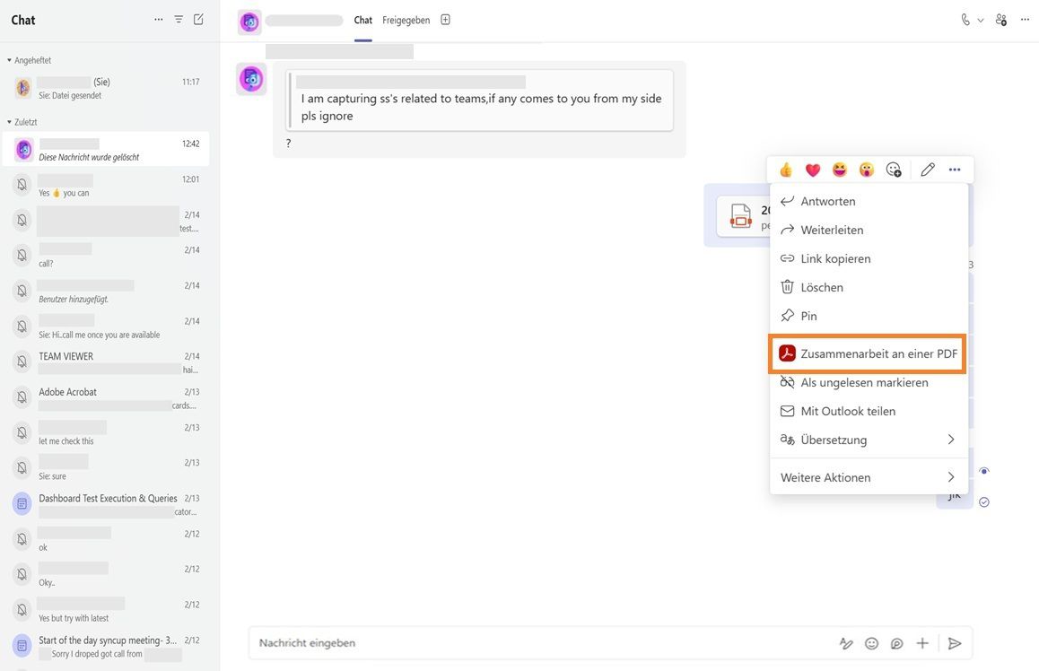 Auf der Karte der PDF-Datei im Chat-Kanal von Microsoft Teams wird das Kontextmenü mit dem hervorgehobenen Werkzeug „PDF-Datei gemeinsam bearbeiten“ angezeigt.