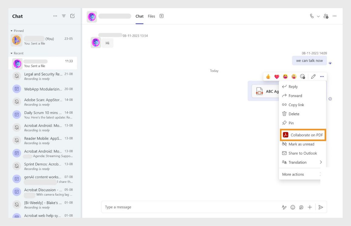 Nagpapakita ang PDF file card sa Microsoft Teams Chat channel ng context menu na may naka-highlight na 'Collaborate on PDF' tool.