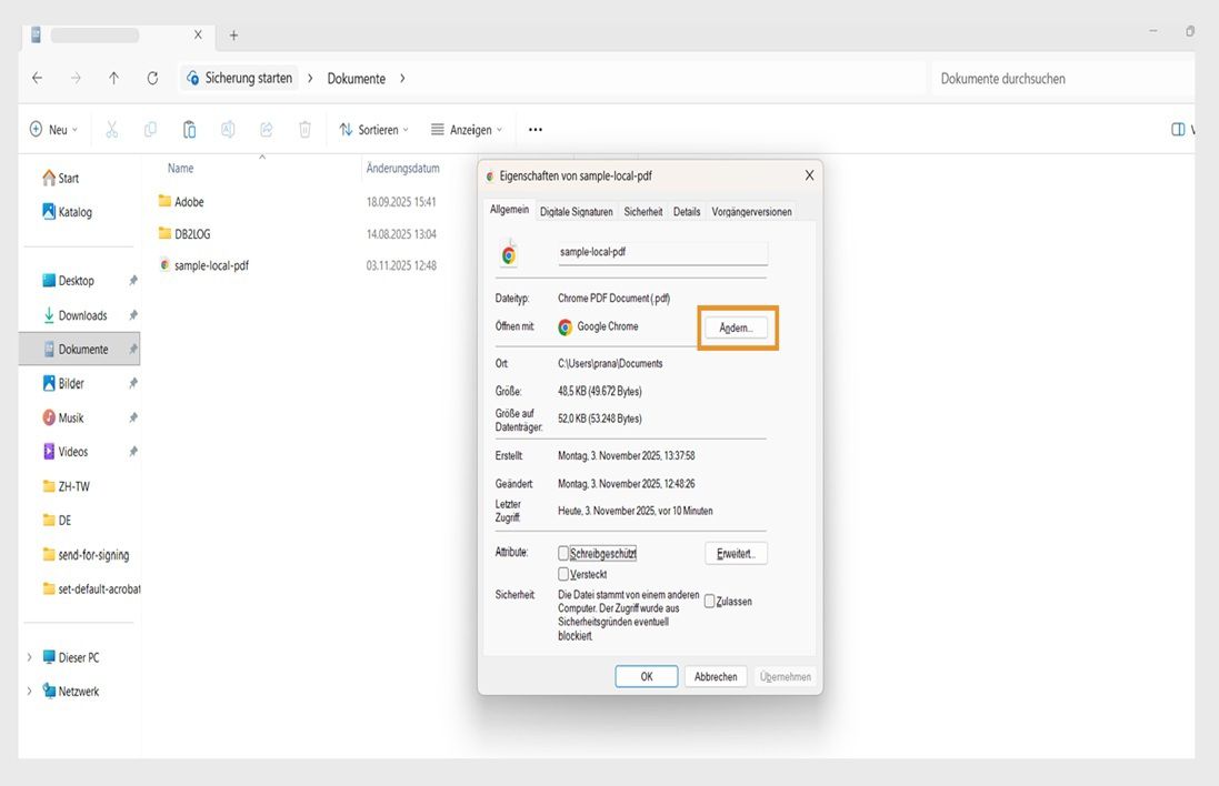 Das Dialogfeld für PDF-Dateieigenschaften zeigt die Standardanwendung zum Öffnen von PDFs, wobei die Schaltfläche „Ändern&quot; orange hervorgehoben ist.