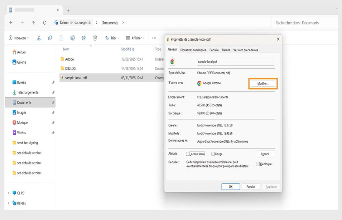 La boîte de dialogue des propriétés du fichier PDF affiche l'application par défaut pour ouvrir les PDF, avec le bouton Modifier mis en évidence en orange.