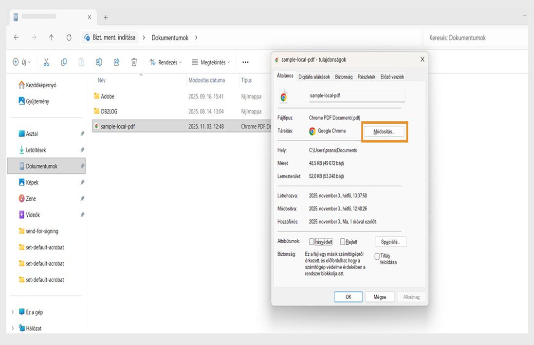 A PDF-fájl tulajdonságai párbeszédpanel a PDF-ek megnyitásához használt alapértelmezett alkalmazást mutatja, a Módosítás gomb pedig narancssárgával van kiemelve.