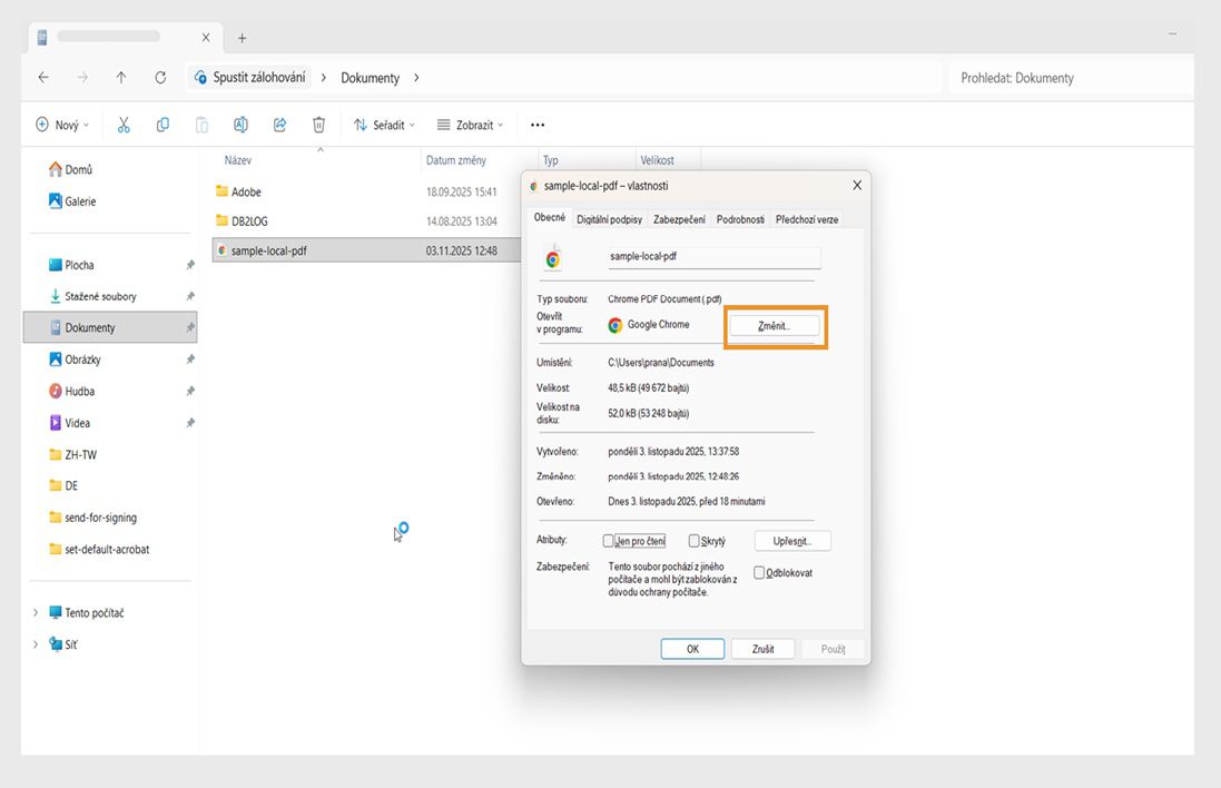 Dialogové okno vlastností souboru PDF zobrazuje výchozí aplikaci pro otevírání souborů PDF, přičemž tlačítko Změnit je zvýrazněno oranžově.