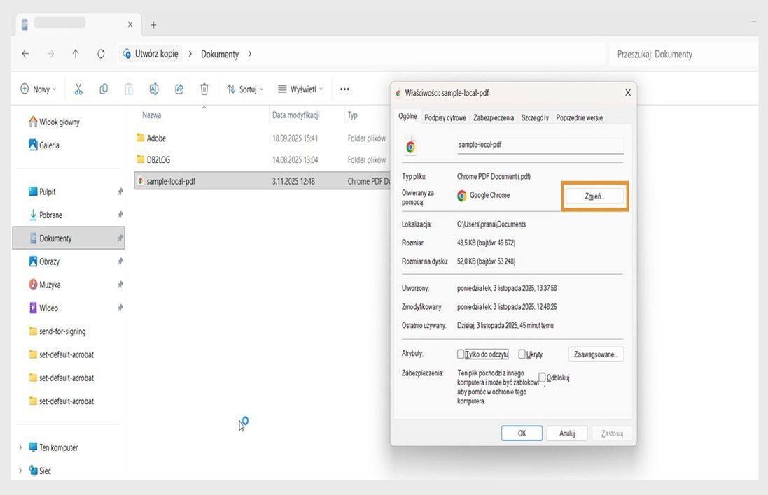Okno dialogowe właściwości pliku PDF pokazuje domyślną aplikację do otwierania plików PDF, z przyciskiem Zmień podświetlonym na pomarańczowo.
