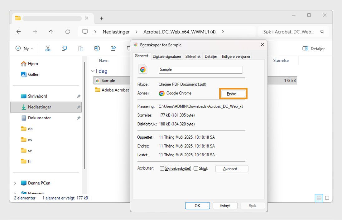 Dialogboksen for PDF-filegenskaper viser standardprogrammet for å åpne PDF-filer, med Endre-knappen uthevet i oransje.