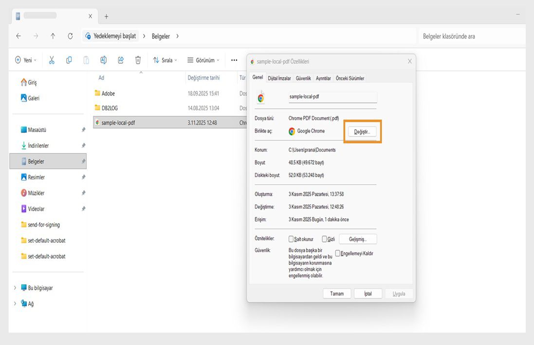 PDF dosyası özellikleri iletişim kutusu, PDF'leri açmak için varsayılan uygulamayı ve turuncu renkte vurgulanmış Değiştir düğmesini gösterir.