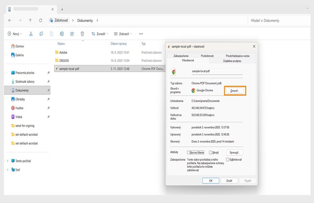 &quot;Dialógové okno vlastností súboru PDF zobrazuje predvolenú aplikáciu na otváranie súborov PDF, pričom tlačidlo Zmeniť je zvýraznené oranžovou farbou.
