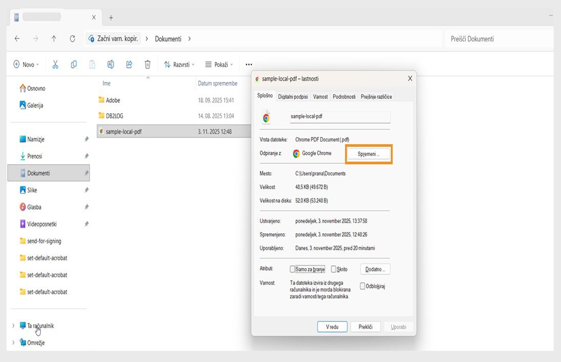 Pogovorno okno z lastnostmi datoteke PDF prikazuje privzeti program za odpiranje PDF-jev, pri čemer je gumb Spremeni označen z oranžno barvo.