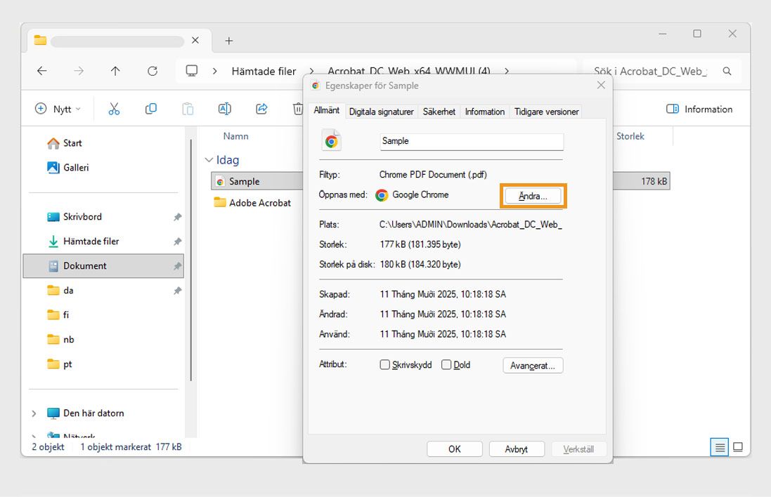 Dialogrutan för PDF-filens egenskaper visar standardprogrammet för att öppna PDF-filer, med knappen Ändra markerad i orange.