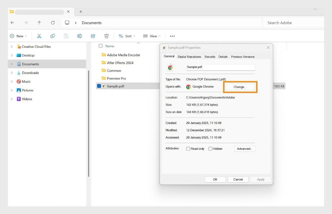 Ipinapakita ng dialog box ng PDF file properties ang default na app para sa pagbubukas ng mga PDF, na may naka-highlight na ‘Change’ button sa kulay orange.