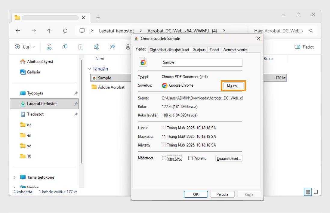PDF-tiedoston ominaisuuksien valintaikkuna näyttää PDF-tiedostojen avaamiseen käytettävän oletussovelluksen, ja Vaihda-painike on korostettu oranssilla.