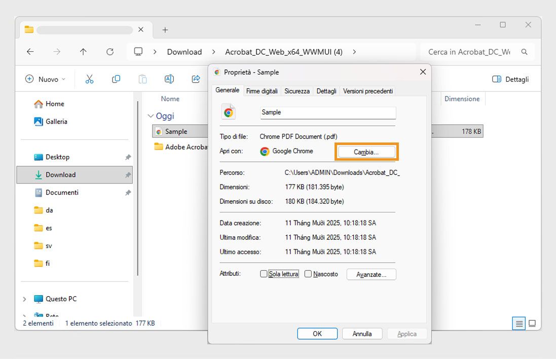 La finestra di dialogo delle proprietà del file PDF mostra l’applicazione predefinita per l’apertura dei PDF, con il pulsante Cambia evidenziato in arancione.