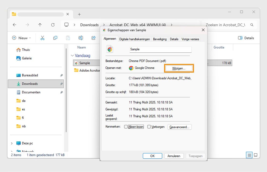 Het dialoogvenster Eigenschappen van PDF-bestand toont de standaardtoepassing voor het openen van PDF's, met de knop Wijzigen oranje gemarkeerd.