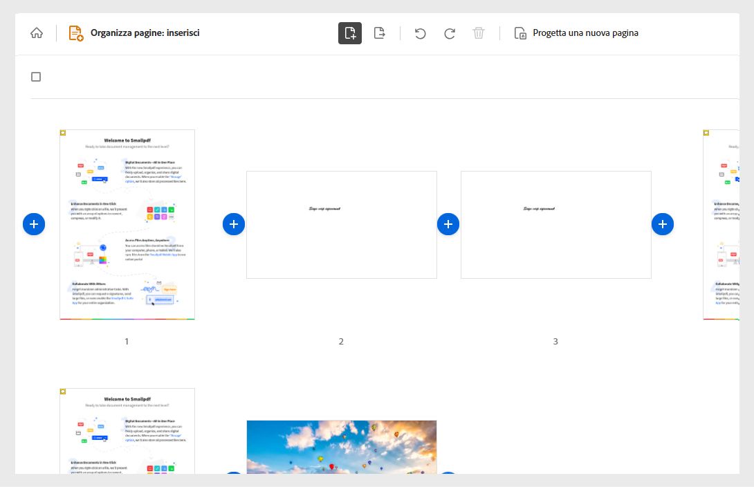 PDF visualizzato con le pagine come miniature e con le icone per inserire le pagine.