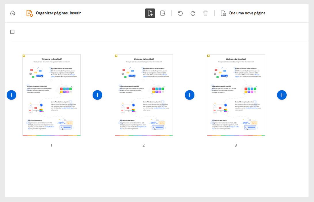 O PDF é exibido com páginas como miniaturas e ícones de adição para inserir páginas.