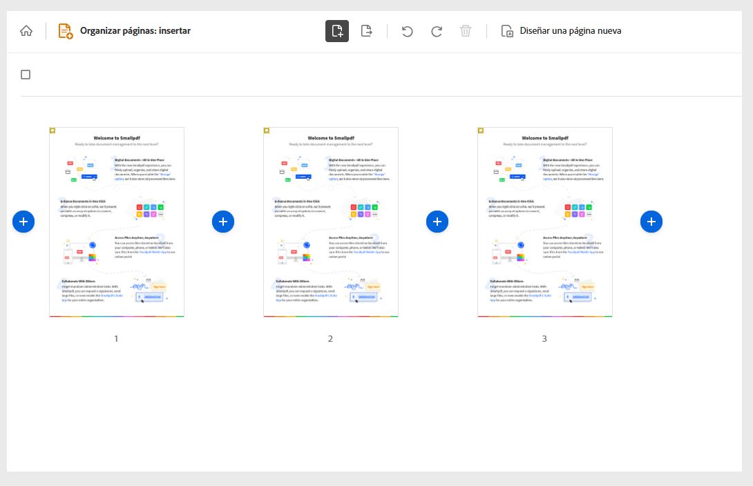 El PDF se muestra con páginas en miniatura e iconos adicionales para insertar páginas.