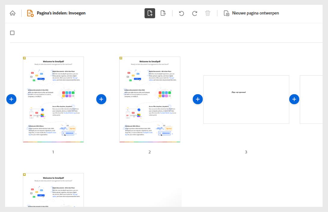 De PDF wordt weergegeven met pagina's als miniaturen en pluspictogrammen om pagina's in te voegen.