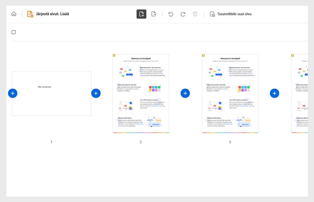 PDF näytetään sivuilla pikkukuvina ja pluskuvakkeilla sivujen lisäämiseksi.