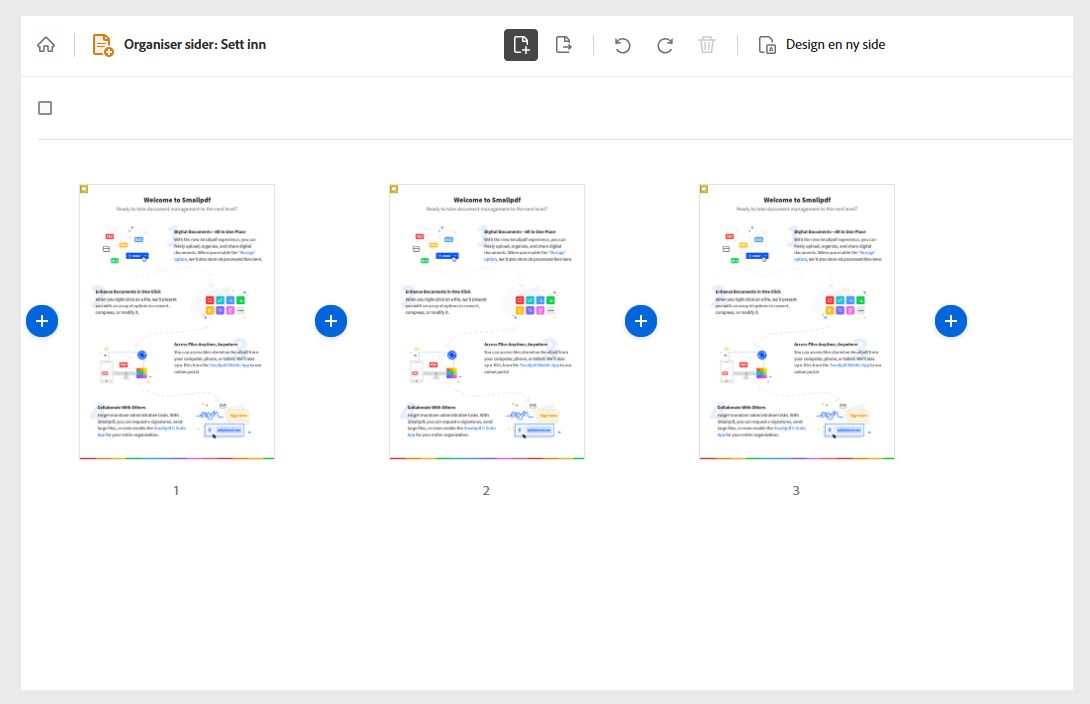 PDF vises med sider som miniatyrbilder og plussikoner for å sette inn sider.