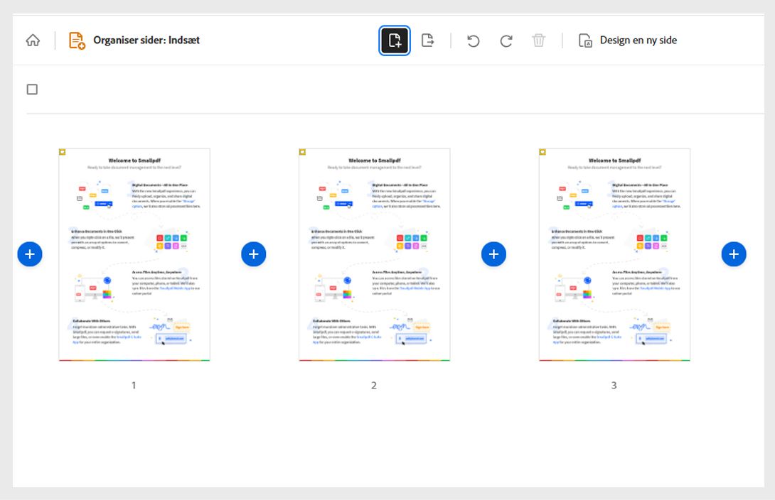PDF vises med sider som miniaturebilleder og plusikoner til at indsætte sider.
