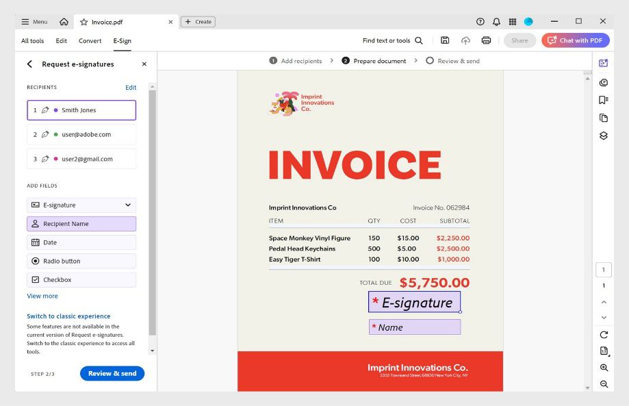 PDF prikazuje dodana polja za podpis in ime za prejemnika. Levo podokno prikazuje seznam prejemnikov in razpoložljive vrste polj za postavitev.