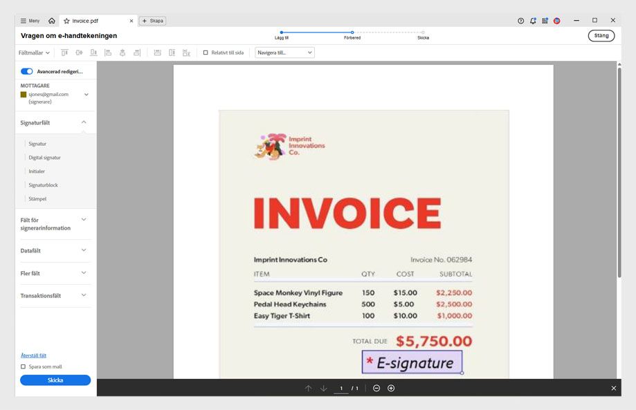 PDF-filen visar tillagda signatur- och namnfält för en mottagare. Vänster panel visar mottagarlista och tillgängliga fälttyper för placering.