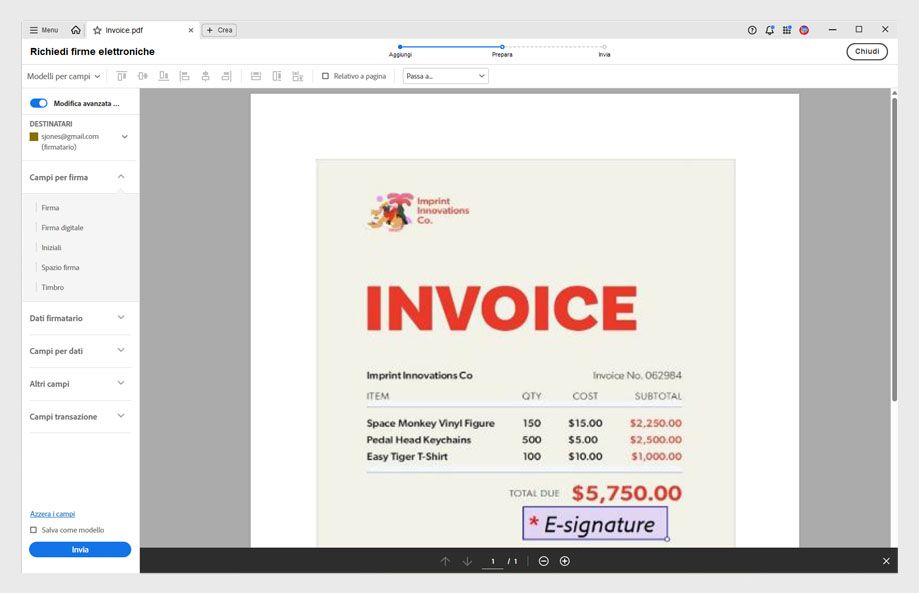 Il PDF mostra i campi per la firma e il nome aggiunti per un destinatario. Il pannello a sinistra mostra l’elenco dei destinatari e i tipi di campo disponibili per il posizionamento.
