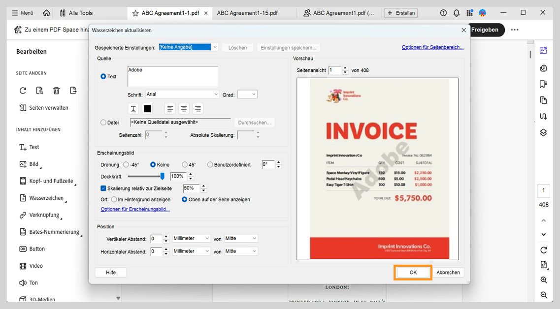 PDF mit geöffneten Wasserzeicheneinstellungen, die Textquelle, Rotation, Deckkraft und Skalierungsoptionen zeigen, bevor Änderungen mit der Schaltfläche „OK“ bestätigt werden.