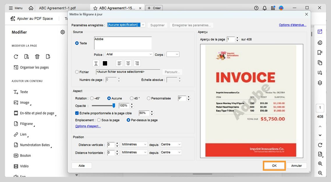 Document PDF avec les paramètres de filigrane ouverts montrant les options de source du texte, mais aussi de rotation, d’opacité et de mise à l’échelle avant de confirmer les modifications avec le bouton OK.