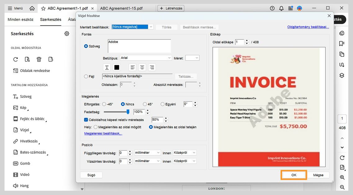 PDF megnyitott vízjel-beállításokkal, amely mutatja a szövegforrást, forgatást, átlátszóságot és méretezési beállításokat, mielőtt az OK gombbal megerősítené a változtatásokat.
