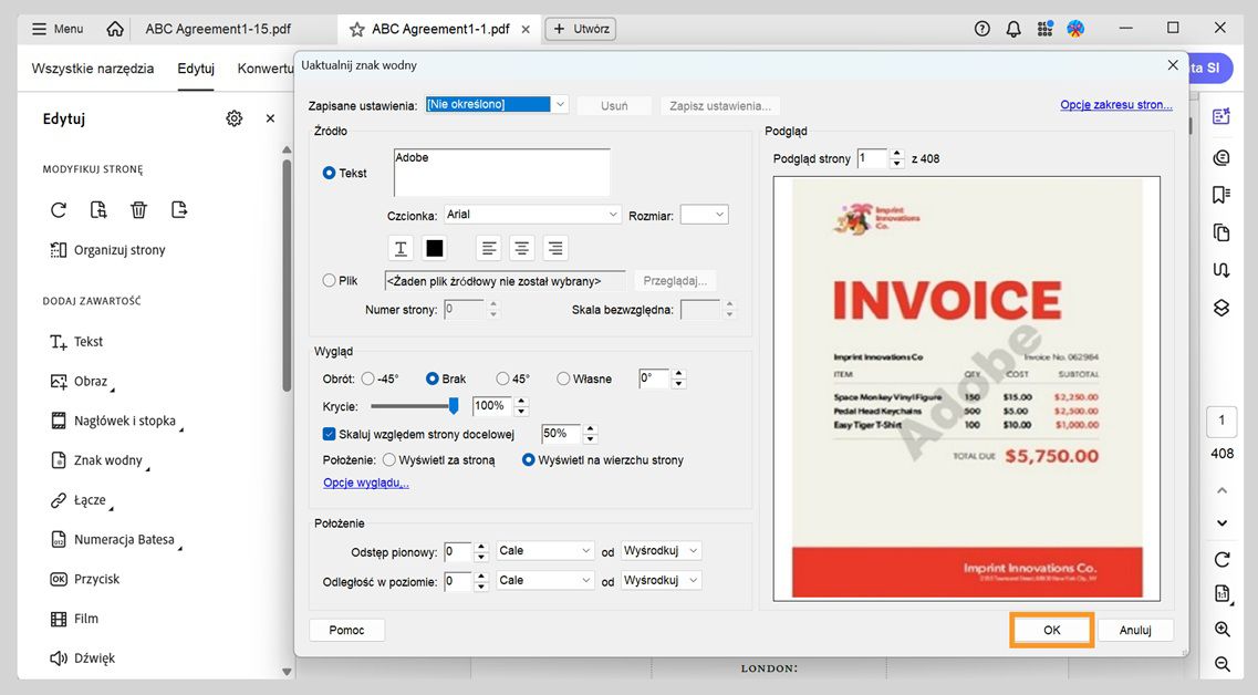Plik PDF z otwartymi ustawieniami znaku wodnego pokazujący źródło tekstu, obrót, przezroczystość i opcje skalowania przed potwierdzeniem zmian przyciskiem OK.