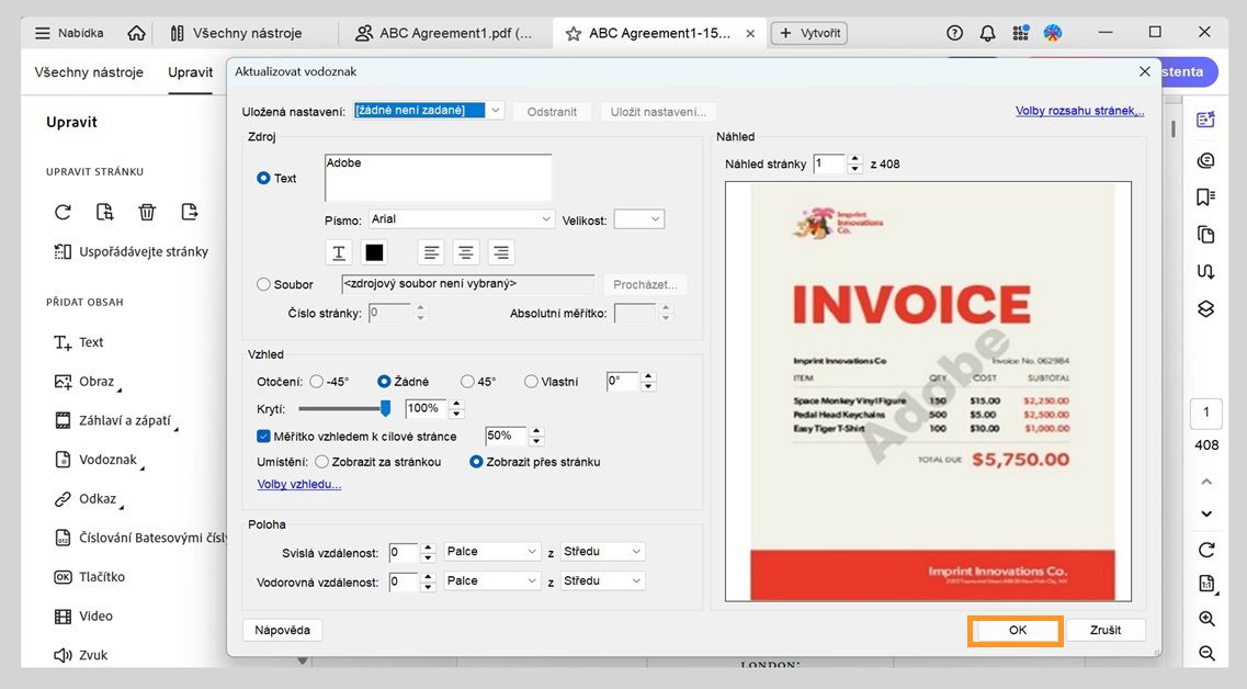 pdf s otevřeným nastavením vodoznaku zobrazující zdroj textu, otočení, průhlednost a možnosti měřítka před potvrzením změn tlačítkem OK.