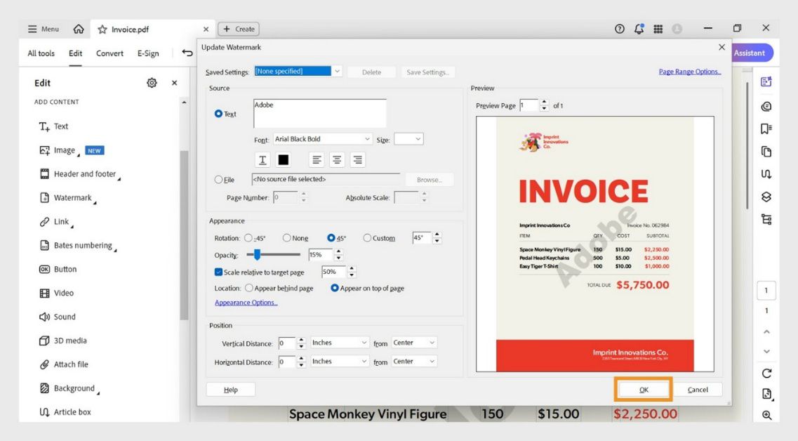 PDF na may mga setting ng watermark na bukas na nagpapakita ng pinagmulan ng text, rotation, opacity, at mga opsyon sa scaling bago kumpirmahin ang mga pagbabago gamit ang OK button.